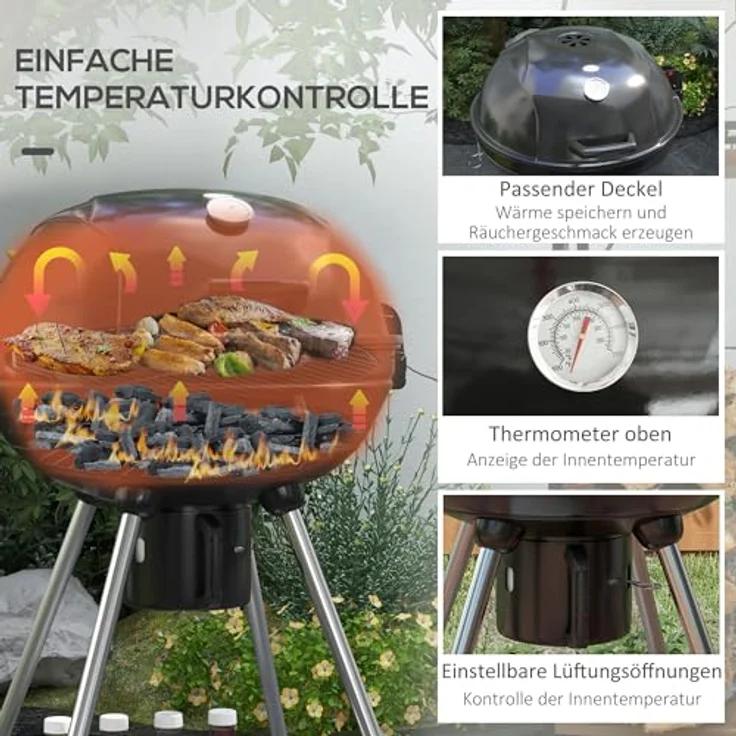 Outsunny Holzkohlegrill, Campinggrill mit Grillrost, Rädern, Ablage, Gartengrill mit Aschefänger, integriertem Thermometer für BBQ Metall Schwarz 55 x 65 x 89 cm – Bild 4