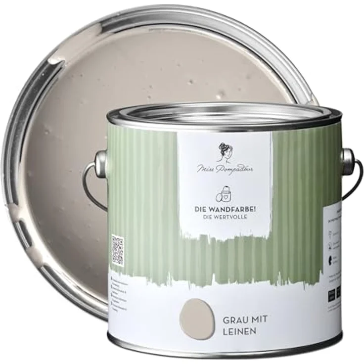 MissPompadour Wandfarbe Grau mit Leinen, matte Innenfarbe mit hoher Deckkraft, 2,5 L, geruchsneutral und spritzfrei, wasserbasiert – Bild 1