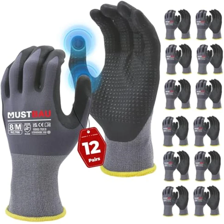 Mustbau Arbeitshandschuhe Schwarz, Nitril Beschichtung, Touchscreen-fähig, Größe M, 12 Paare für Montagearbeit, Mechaniker, Gartenarbeit und Bauarbeiten – Bild 1