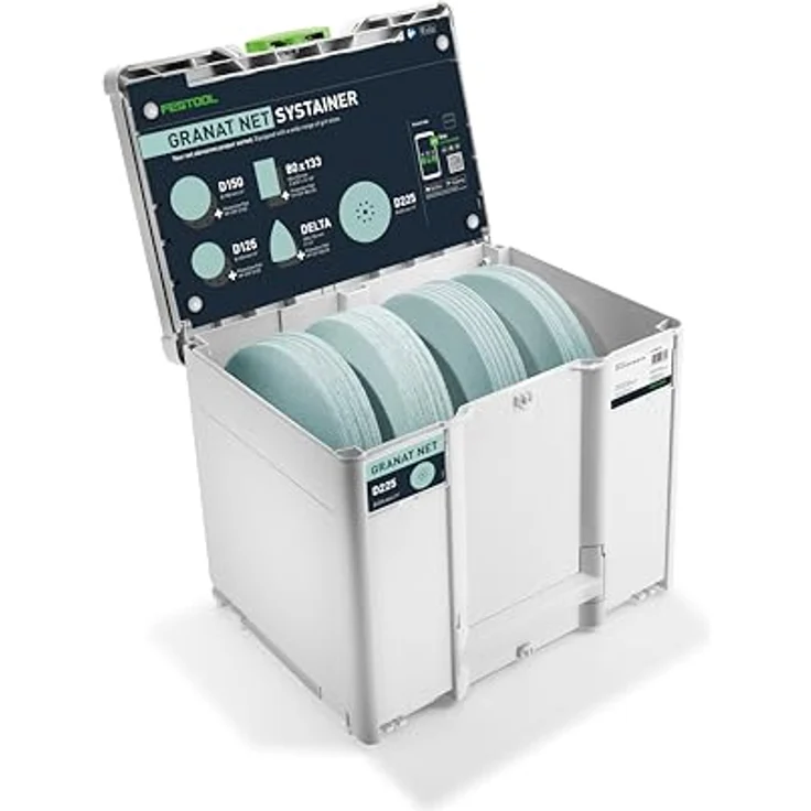 Festool Schleifmittel-Systainer³ Granat Net D225 GR NET SYS, Schleifscheiben für staubfreies Arbeiten mit perfekter Absaugung – Bild 1
