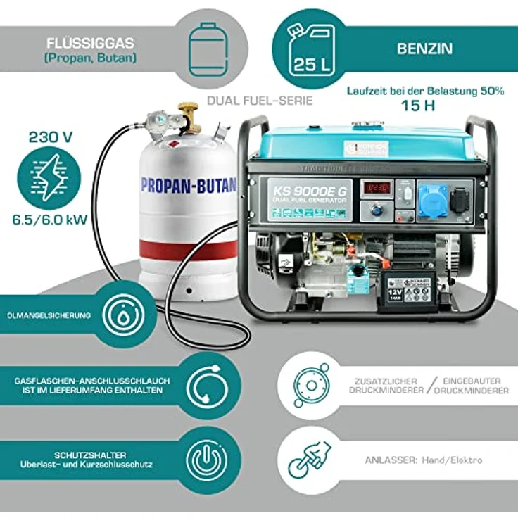 Könner & Söhnen LPG/Benzin-Generator KS 9000E G Notstromaggregat mobiler Generator, Gas-Benzin-Hybrid-Generator mit Stahlbehälter – Bild 2