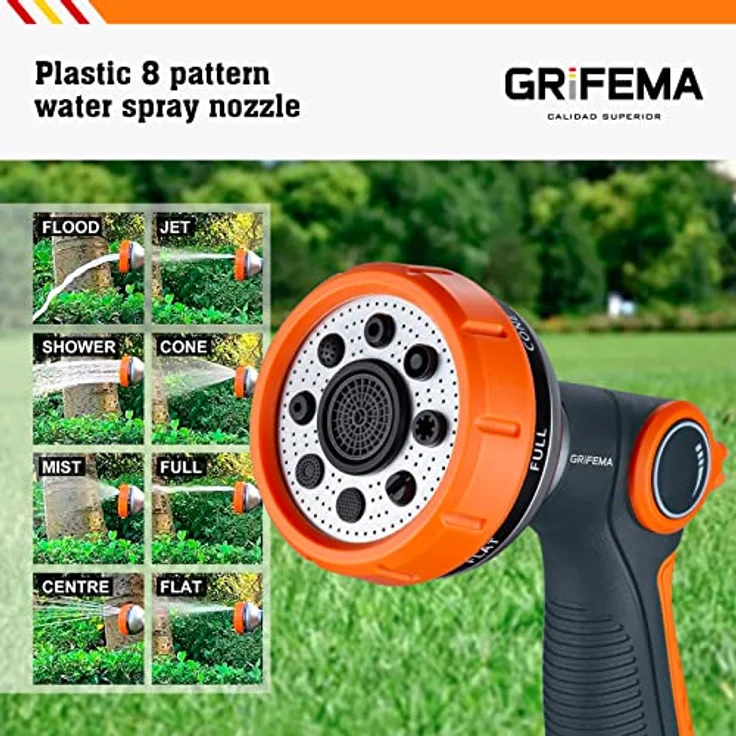 GRIFEMA GE1303 Gartenbrause, Handbrause mit 8 Bewässerungsmustern und einstellbarem Wasserdurchfluss für Gartenbewässerung, Autowäsche und Haustierdusche – Bild 4