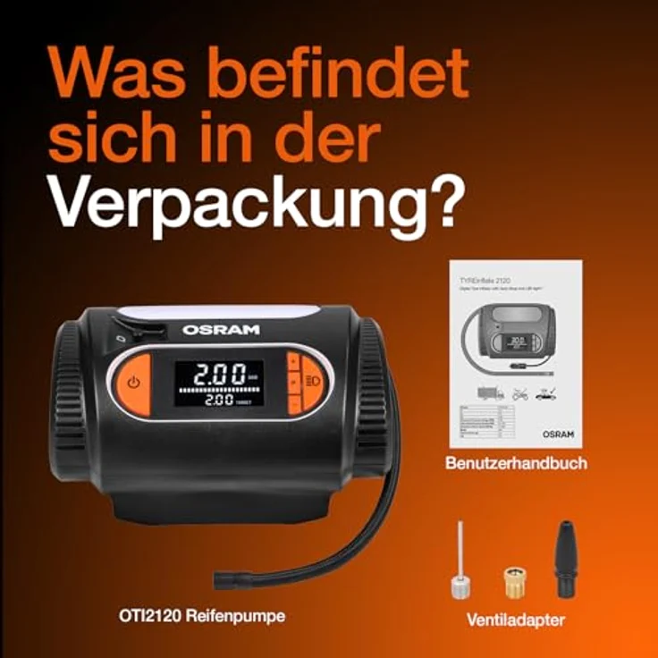 Osram OTI2120 Kompressor TYREinflate 2120, schneller Reifenfüller mit digitalem Display und Auto-Stopp-Funktion, 3 m Kabel, flexibel 60 cm Schlauch – Bild 7