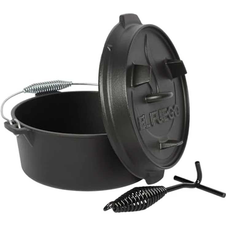 Dutch Oven 4,5 Liter von El Fuego®, 100% Gusseisen, inkl. Schürhaken und Tragebügel, Camping & Outdoor – Bild 4