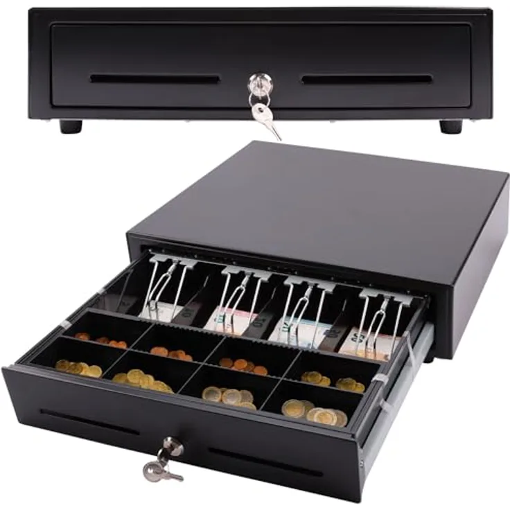 Olympia LD 410A Kassenschublade | Abschließbare Geldkassette mit Einwurfschlitz | 8 Münz- & 4 Scheinfächer + RJ12-kompatibel | Metallgeldbox für Handel & Gastronomie, Schwarz