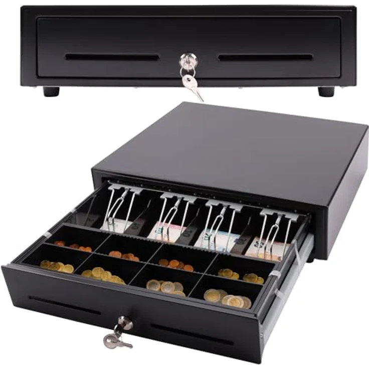 Olympia LD 410A Kassenschublade | Abschließbare Geldkassette mit Einwurfschlitz | 8 Münz- & 4 Scheinfächer + RJ12-kompatibel | Metallgeldbox für Handel & Gastronomie, Schwarz – Bild 1