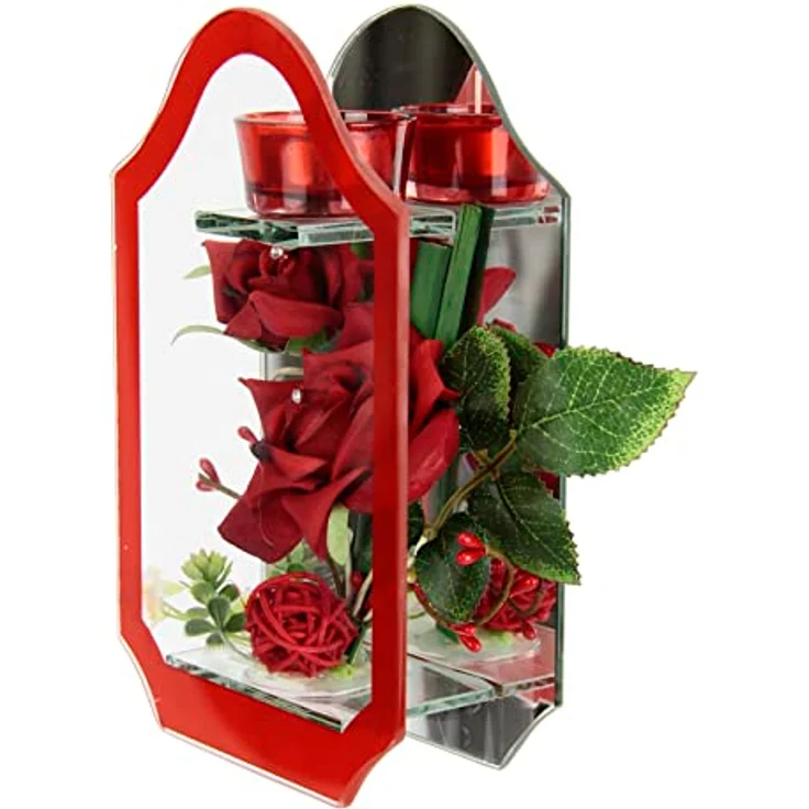 I.GE.A. Kunstblume Rose im Glas mit Teelicht, Höhe 14 cm, dekorative Kunstpflanze aus Polyester – Bild 3