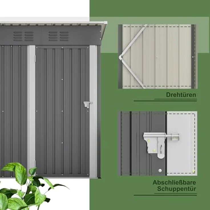 Thanaddo Geräteschuppen Gerätehaus 152 x 84 x 182 cm, 1,5m³ Stauraum, Metall Gartenschuppen mit Pultdach Belüftungslöcher, wetterfest Lagerschuppen im Freien für Outdoor (Grau) – Bild 4