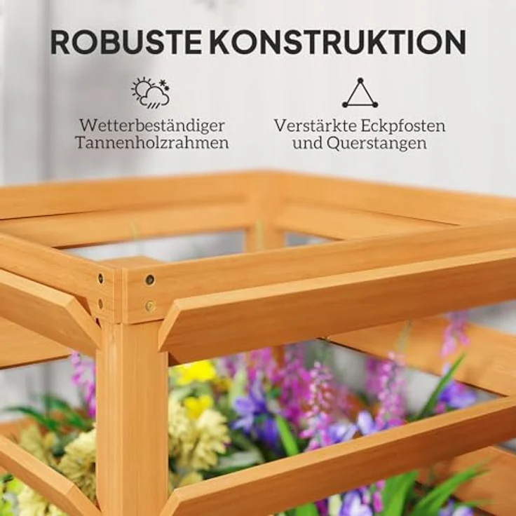 Outsunny Hochbeet mit Rankgitter, Tannenholz, offene Boden, 65 x 65 x 60 cm, Karamellbraun, für Garten und Balkon, ideal für Kletterpflanzen und Blumen – Bild 3