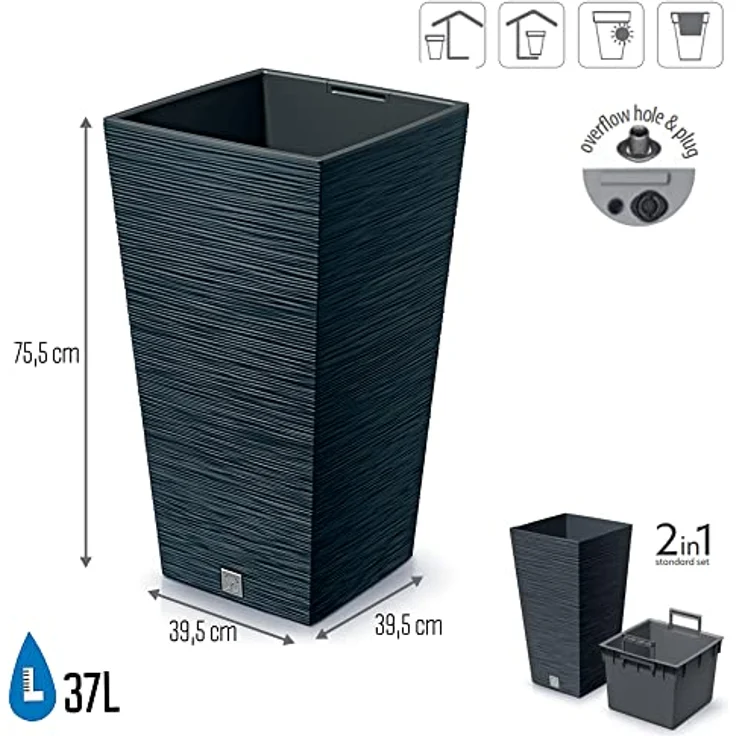 Prosperplast Furu Square Pflanzgefäß, rechteckig, Kunststoff, 75,5 cm hoch, 91,5 l Fassungsvermögen, mit auslaufsicherem Deckel – Bild 2