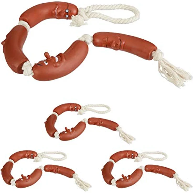 Relaxdays Hundespielzeug Wurst, 65 cm lang, rot-weiß, robust & leise, für kleine & mittlere Hunde – Bild 1