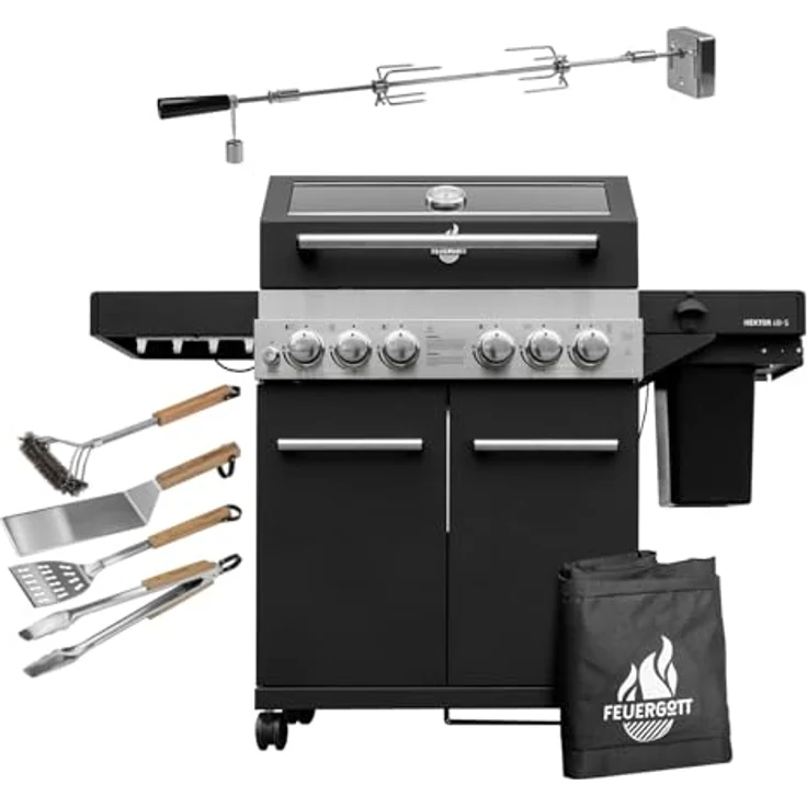 Feuergott Gas-Grillstation Hektor 4B-S All Inclusive, 4-Brenner-System mit Abdeckhaube, Drehspieß und 4-teiligem Edelstahl-Grillbesteck – Bild 1