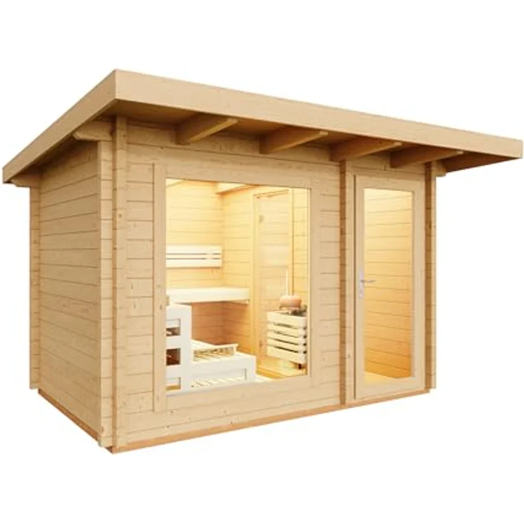 Infraworld Gartensauna Terra 2B, Saunahaus 341 mit Blockbohlen aus nordischer Fichte 70mm, Espe Inneneinrichtung – Bild 3