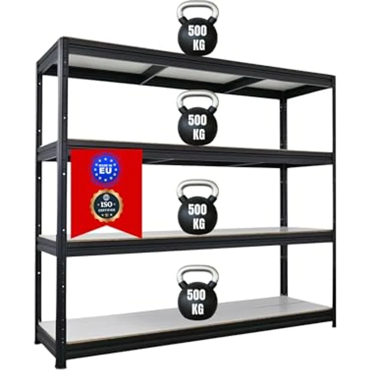 Proregal Schwerlastregal DINO, 180 x 200 x 60 cm, Traglast 500 kg pro Boden, 4 verstellbare Fachböden, Schwarz – Bild 1