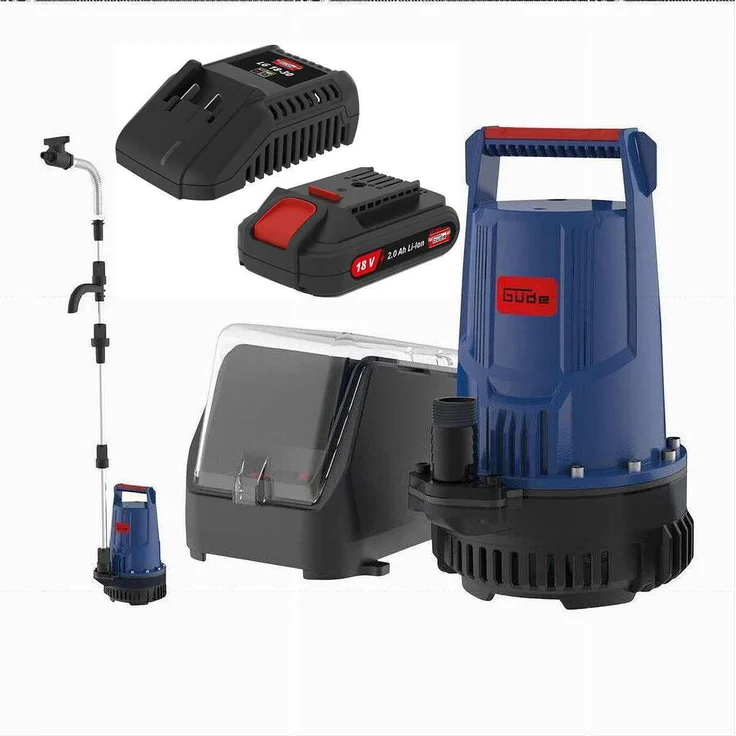 GÜDE Akku Regenfasspumpe RFP 18V mit 2.0 Ah Akku und Schnelladegerät 3A, leistungsstark mit Akkuladezustandsanzeige und Absperrhahn