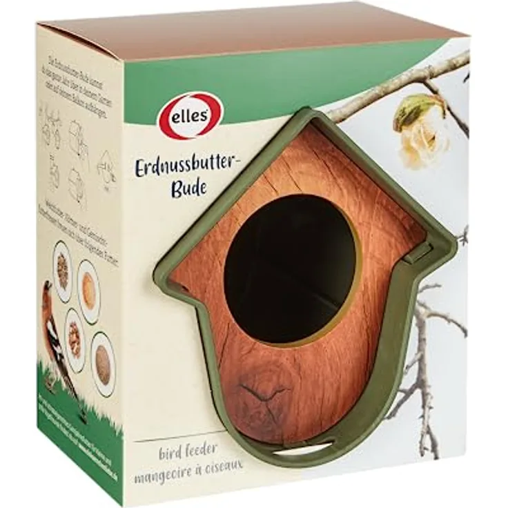 Elles Erdnussbutter-Bude Vogelfutterspender I Wiederverwendbares Futterhäuschen wetterfest & robust | Für Elles Erdnussbutter | Anziehungspunkt für Wildvögel im Garten & Balkon | Ganzjahresfütterung