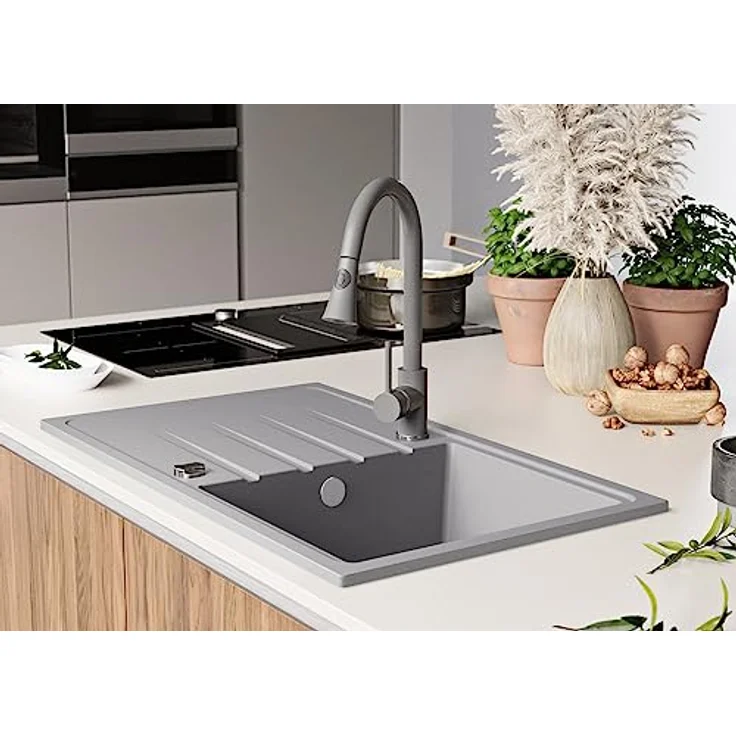 Primagran Spülbecken Grau 78x50cm, Granitspüle 1 Becken + Ablauf-Set, Küchenspüle ab 45er Unterschrank - Mailand, schmutzabweisend und hitzebeständig – Bild 3