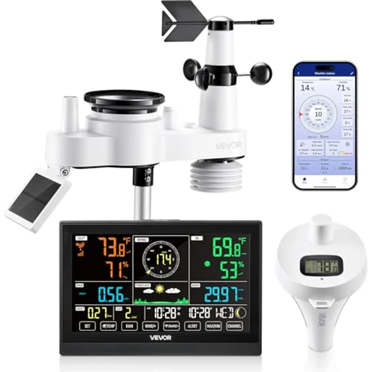 VEVOR 7-in-1 WLAN-Wetterstation mit APP, 7,5-Zoll-Display, solarbetriebener Außensensor, Poolthermometer und Regenmesser für Wettervorhersage und Windgeschwindigkeit – Bild 1