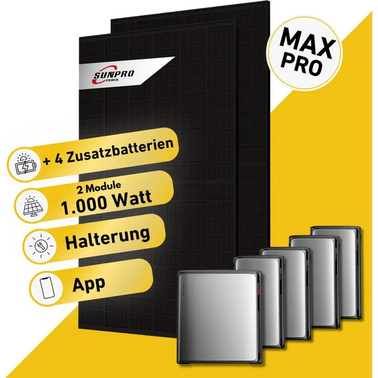 Balkonstrom MAX Pro 1000 Watt Solaranlage, Komplettset mit Speicher, 2x500W Bifazial Solarmodule, 5,024 kWh Hybridspeicher, Notstromfunktion, flexibles Montagesystem