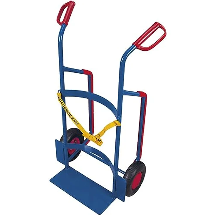 VARIOFIT Fasskarre für Kunststofffässer, 250 kg Traglast, pulverbeschichtet in RAL 5010 Enzianblau, mit Luftbereifung und Sicherheits-Handgriffen – Bild 1