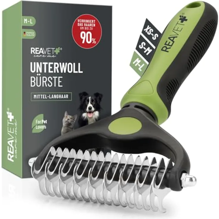 ReaVET Hundebürste & Katzenbürste Unterwollbürste für Langhaar I Große Rassen (Größe M-L) I Entfernt Unterwolle & Verfilzungen I mit Massageffekt & Deckhaarschutz I Fellbürste für Hunde, Katzen