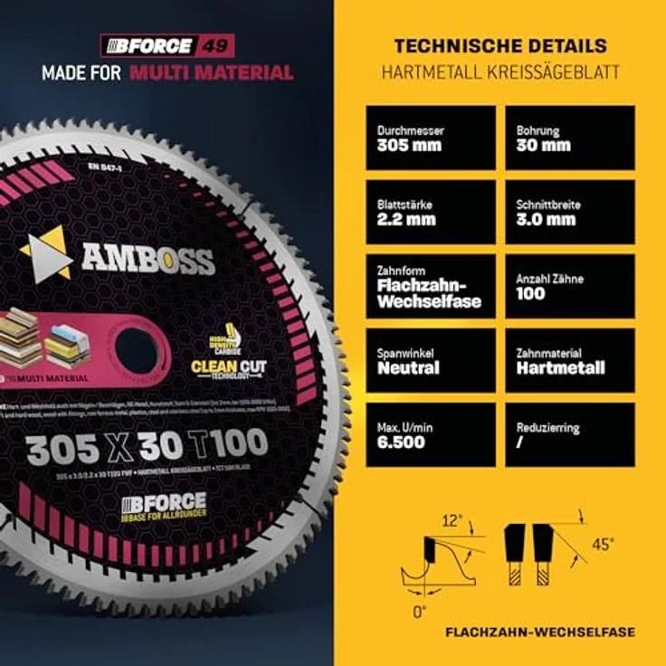 Amboss Werkzeuge Kreissägeblatt 305x30 Z100 FWF | Optimales Sägeblatt für Multi - Feinschnitt | Kompatibel mit Bosch, Metabo, Elu | HM Zuschnittblatt für Holz | Clean Cut Technologie | Ø 305 mm (Farbe: -) – Bild 4