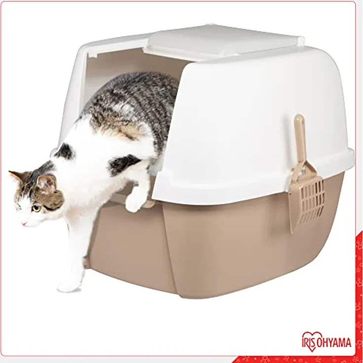 Iris Ohyama, Kunststoff-Katzentoilette mit Schaufel, Deckel und Klapptür, B53 x T46,5 x H44 cm, Einheit, Abnehmbarer Rand, BPA-frei, CLH-17J, Für große Katzen, Weiß/Beige – Bild 2
