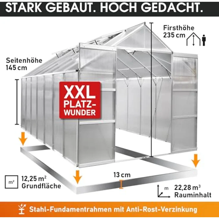 BRAST Gewächshaus Aluminium mit Fundament, 490x250x235cm, TÜV geprüft, rostfrei, wetterfest, temperaturbeständig, 6mm Hohlkammerplatten, Silber – Bild 5