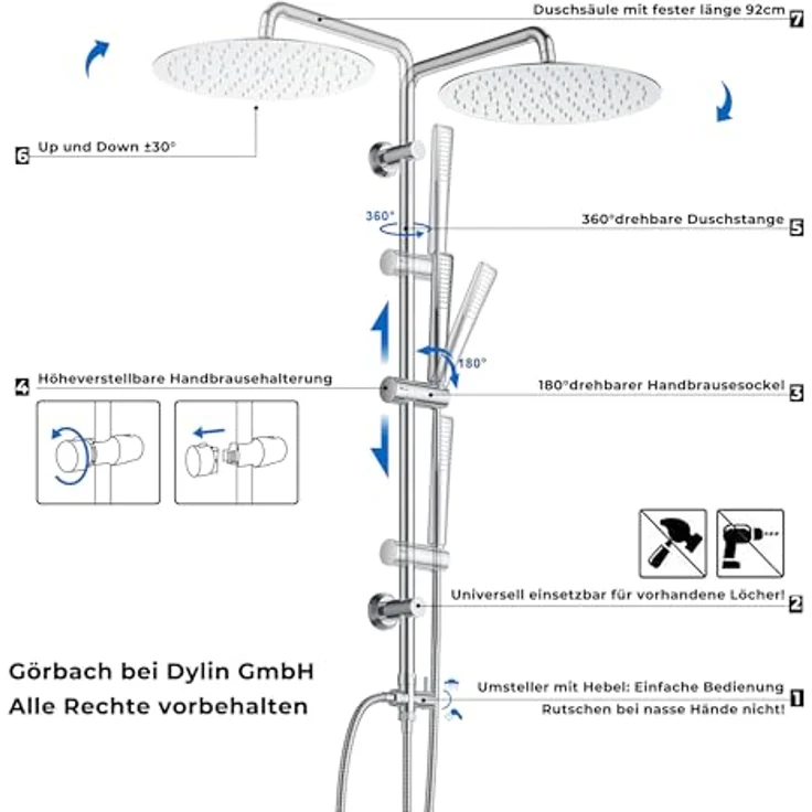 Görbach Regendusche Duschsystem, Edelstahl Duschstange verstellbar 92 cm, 20 cm Brausekopf Chrom – Bild 4