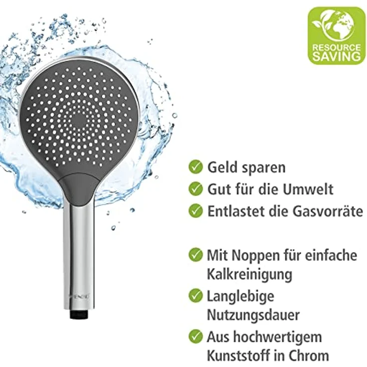 WENKO Wasserspar Duschkopf Watersaving, wassersparende Universal-Handbrause, Duschbrause mit nachhaltigem Wasserspar-System, 40% Wasser sparen bei vollem Komfort, Duschkopf Ø 12 cm, ABS verchromt – Bild 4