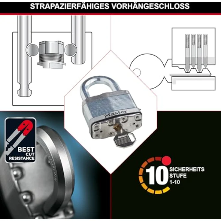 MASTER LOCK Hochsicherheits Vorhängeschloss [Schloss mit Schlüssel] [Laminiertem Stahl] [Wetterfest] [Medium Bügel] M15EURDLF - Ideal für Lagerräume, Lagerschuppen, Garagen, Zäune – Bild 5