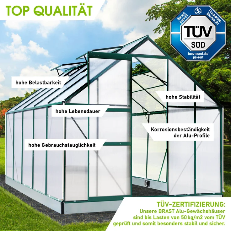 BRAST Gewächshaus Aluminium 310x250x205cm Grün mit Fundament rostfrei TÜV geprüft Alu Treibhaus Glashaus Tomatenhaus – Bild 4