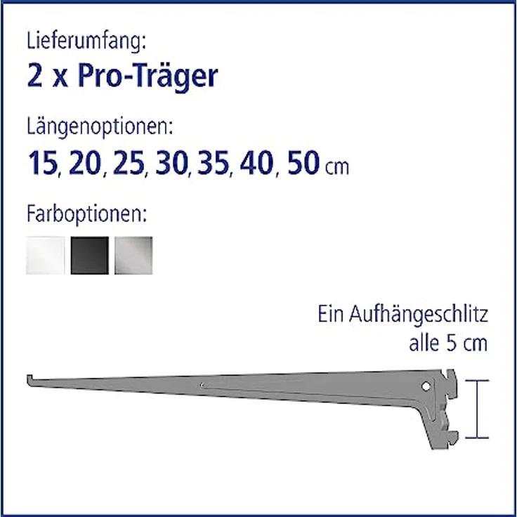Element System 18133-00020 PRO-Träger Regalträger 1-reihig - 2 Stück - 7 Abmessungen - 3 Farben-L = 50 cm-weißaluminium-für Regalsystem-Wandschiene – Bild 4