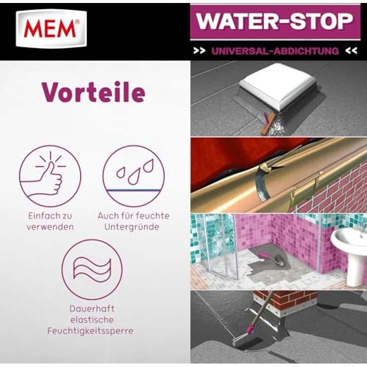 MEM Water Stop Abdichtungsmasse, Universalabdichtung & Feuchtigkeitssperre für innen & außen, lösemittel-, silikon- & bitumenfrei, Grau, 1 kg Eimer – Bild 4