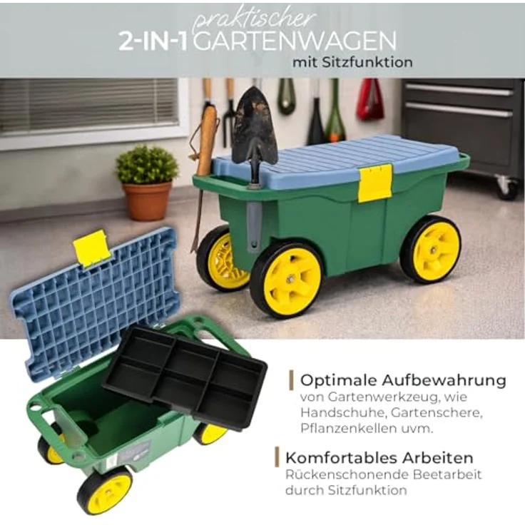 HMF 2-in-1 Gartenwagen mit Sitz und Stauraum, praktischer Gartenhocker mit großen Rollen und flexibler Unterteilung, für Gartenarbeit bis 100 kg, Grün – Bild 2