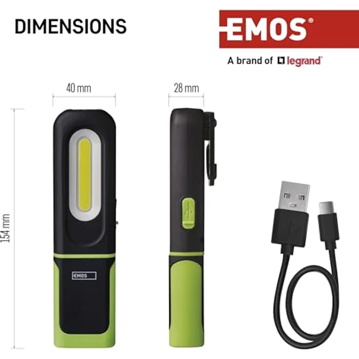 EMOS LED-Arbeitsleuchte, wasserdicht, aufladbar, 330 lm, 45 m Leuchtweite, 1200 mAh Akku, USB-Kabel, 3 Lichtmodi – Bild 5