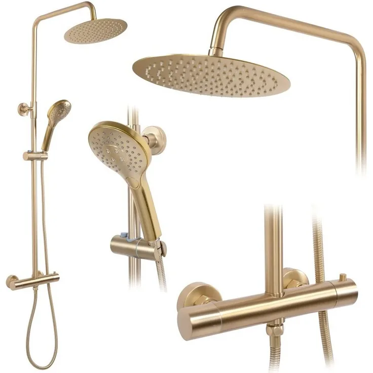 wohnwerk.idee Duschsystem Duschgarnitur mit Thermostat Gold Matt Gebürstet, 2 Strahlart(en)