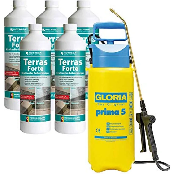 HOTREGA Terras Forte kraftvoller Außenreiniger für alle Stein Flächen 5 L + GLORIA Drucksprüher