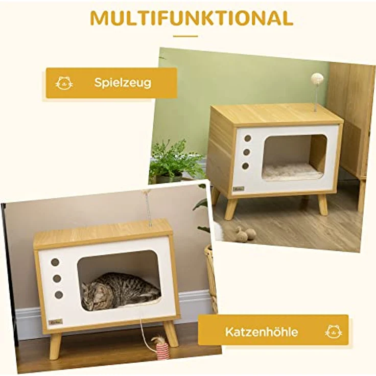 PawHut Tierhaus im TV-Design, inkl. Spielzeug und waschbarem Kissen, Eiche+Beige+Weiß, 50B x 28T x 43H cm – Bild 3