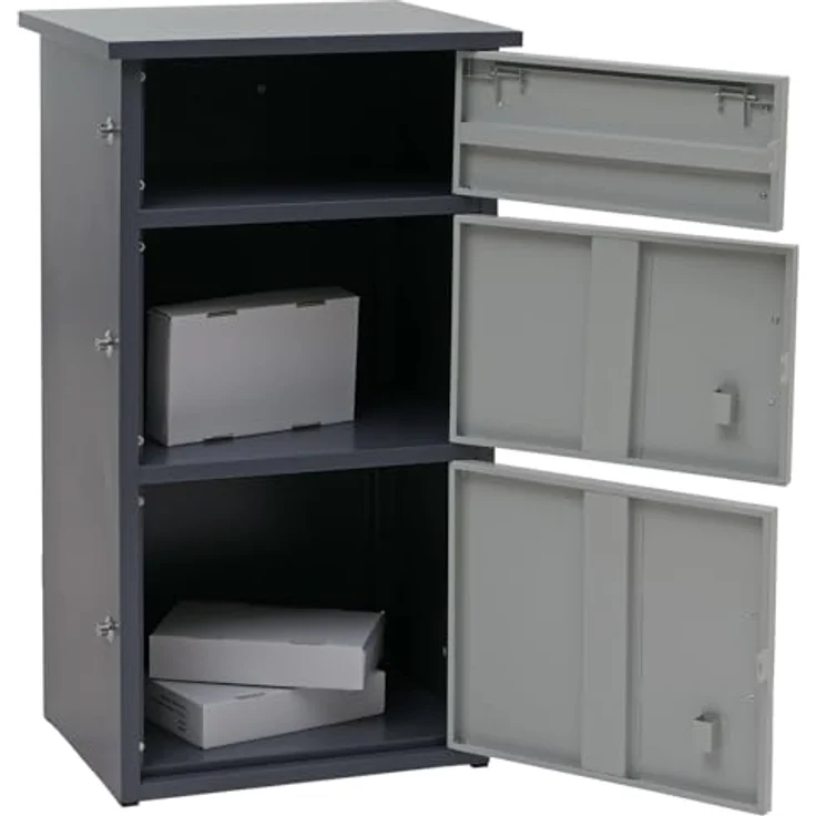 PROREGAL Paketkasten 3 Fächer, Stahl dunkelgrau/hellgrau, wetterfest, mit seitlicher Verriegelung und Bodenanker, HxBxT 89x49x38 cm – Bild 8