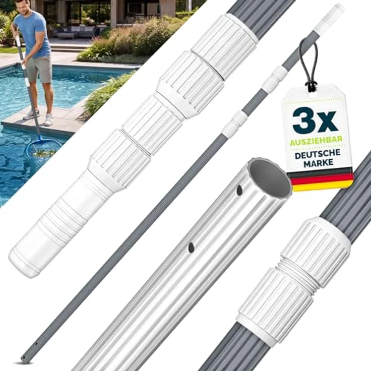 tillvex Pool Teleskopstange 1,20 - 3,60m, Aluminium Poolstange zur Reinigung mit 3-fach Teleskop und ergonomischem ABS-Griff