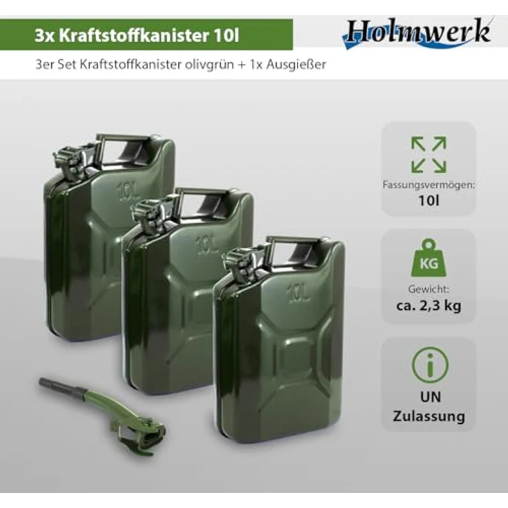 Holmwerk 3x Kraftstoffkanister Metall, UN-Zulassung RAL6003, auslaufsicherer Jerrycan-Verschluss, 10 Liter, olivgrün – Bild 3