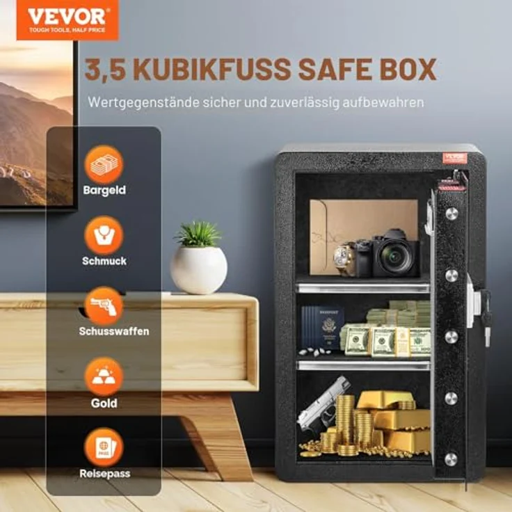 VEVOR Safe Tresor, 3,5 Kubikfuß digitaler Möbeltresor mit feuerfester Geldtasche, 2 höhenverstellbare Trennwände, Schlüssel- und Codeschutz, Geldtresor Schwarz – Bild 2