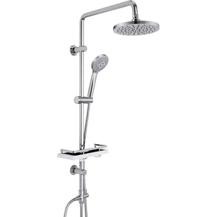 Görbach Edelstahl Duschset Regendusche, Duschsystem ohne Armatur, verstellbare Duschstange, Kopfbrause ABS 20 cm, Duschablage Chrom – Bild 1