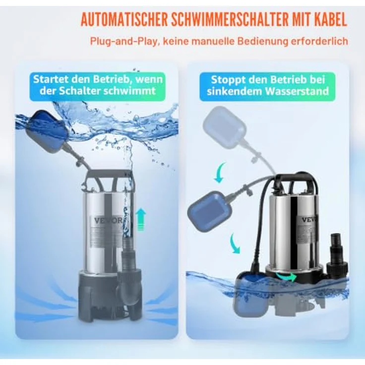 VEVOR Tauchpumpe 1100W Schmutzwasserpumpe mit 333,3L/min Durchfluss, IPX8 wasserdicht, automatischer Schwimmerschalter, zuschneidbarer Auslass – Bild 5
