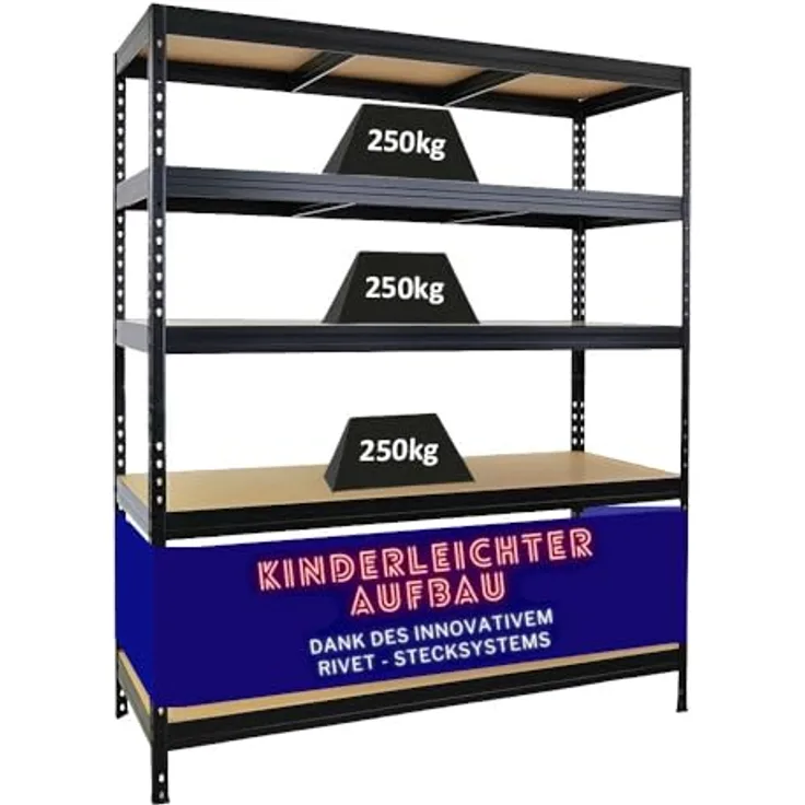 Proregal Schwerlastregal Rivet, 180 x 150 x 60 cm, 5 Böden, Traglast 250 kg pro Boden, Steckmontage, Schwarz