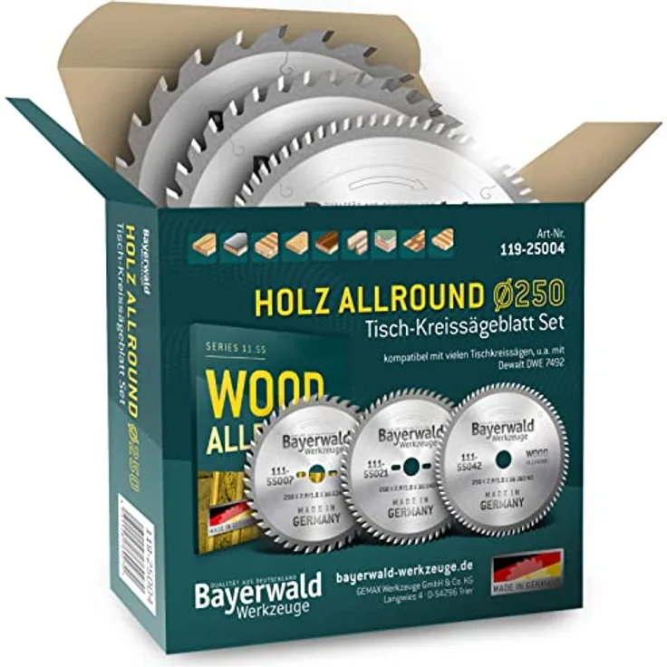 Bayerwald Kreissägeblatt Set Ø250 (3 tlg.) - für Holz Längs & Querschnitte Allround - geeignet für Tischkreissägen von Bosch, Metabo, Scheppach, Festool uvm. - z.B. für Dewalt DWE 7492
