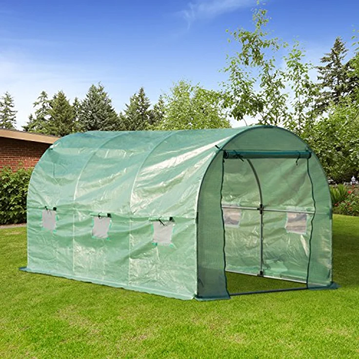 Outsunny Foliengewächshaus Tomatengewächshaus Rundbogen-Gewächshaus Treibhaus mit 6 Netzfenstern Folientunnel Frühbeet mit Fenster Grün 395 x 195 x 190 cm – Bild 2