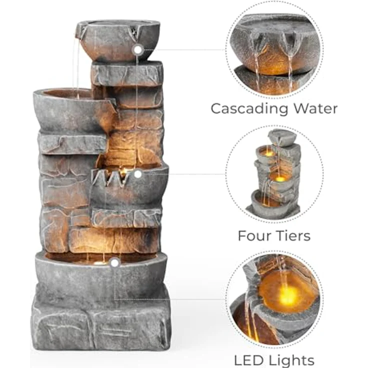 Teamson Home Gartenbrunnen Cascading Bowls, dreistufiges Wasserspiel mit LED-Leuchten, naturgetreue Steinoptik, 39,4 cm L x 38,7 cm B x 84,5 cm H – Bild 3
