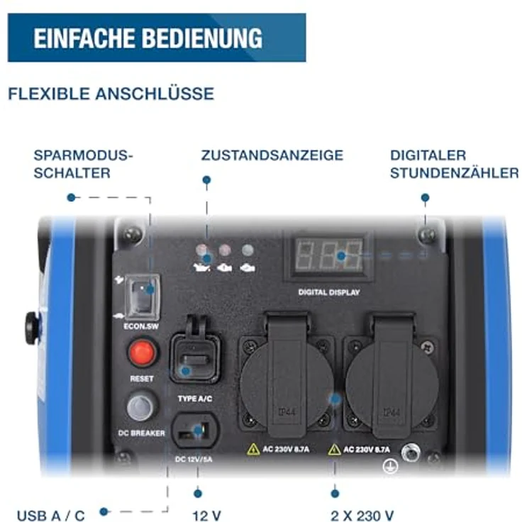 HYUNDAI Inverter-Generator HY2300Si D, tragbar mit 2.2 kW Leistung, 2 x 230V, 1 x 12V, 1 x USB, leise und mit ECO-Modus – Bild 5